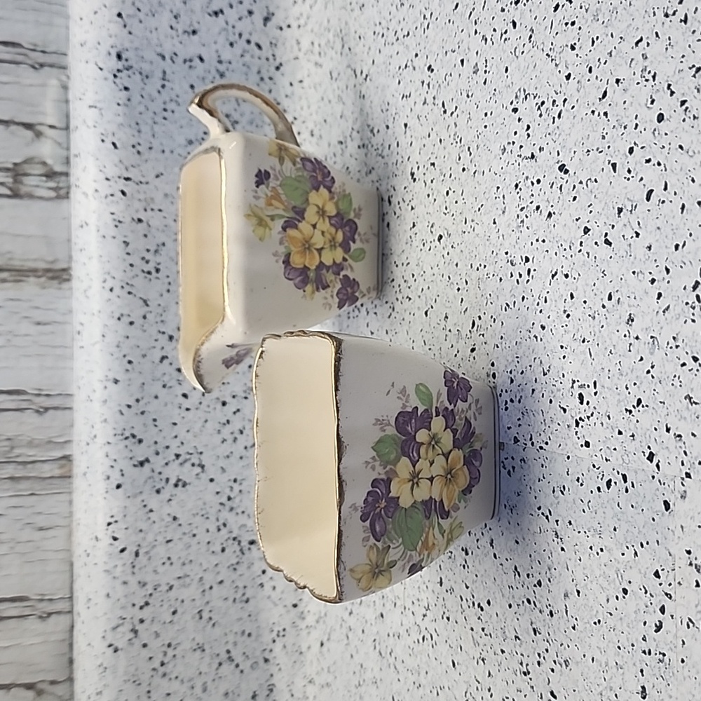 JAMES KENT LTD. LONGTON ENGLAND CREAM/SUGAR/TRAY #4002 'YELLOW & PURPLE VIOLETS'